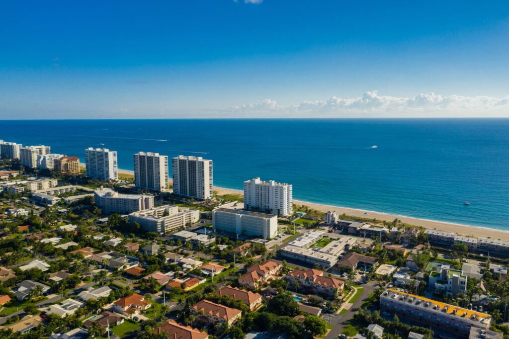 Aerial view of South Florida beachfront homes and condos in Deerfield Beach