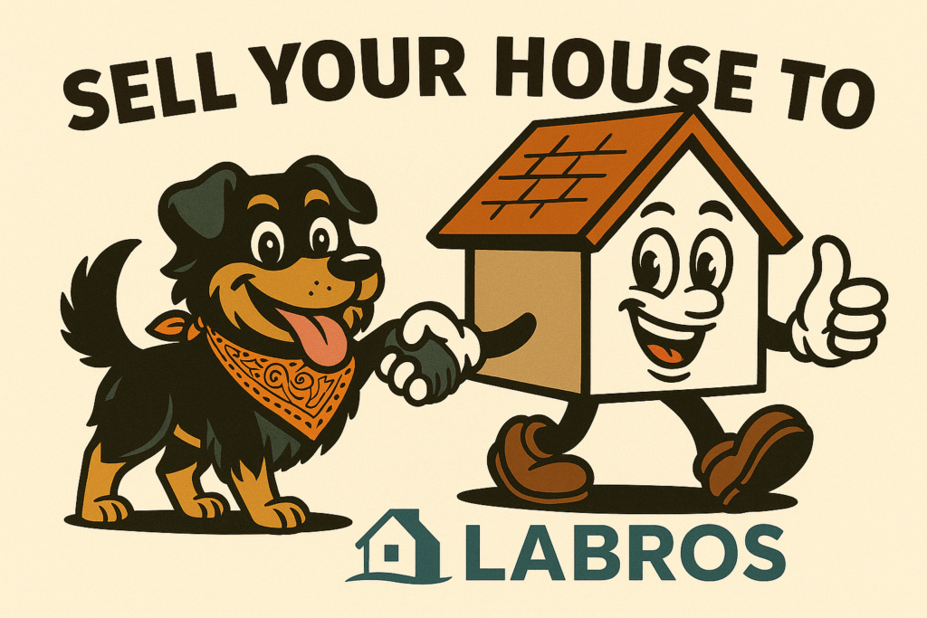 Sell your house to Labros — cartoon dog and house mascots shaking hands