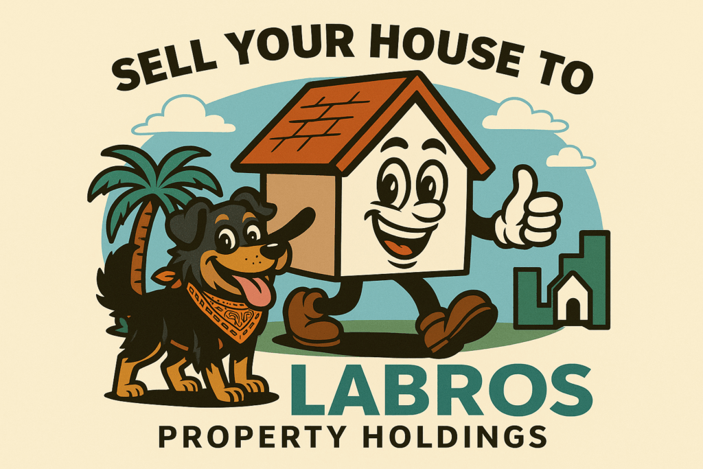 Sell your house to Labros Property Holdings — cartoon mascots with palm tree scene