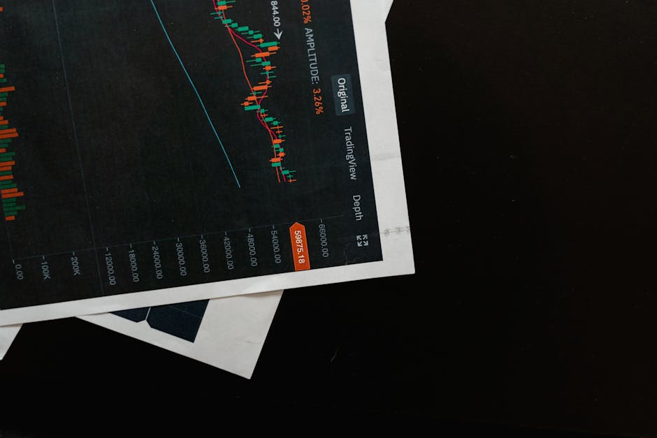 Detailed close-up of a financial chart on a black surface, showing stock market analysis.