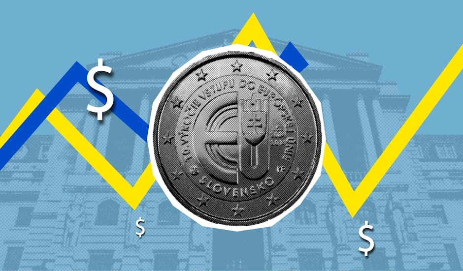 Illustration revealing economic concept of growth and decline of euro and dollar currencies against facade of historic buildi