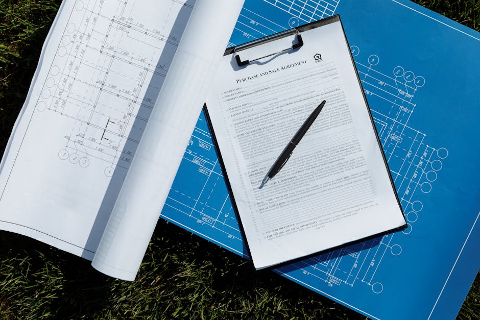 Overhead view of architectural blueprints and a contract with pen on grass, ideal for real estate and construction themes.
